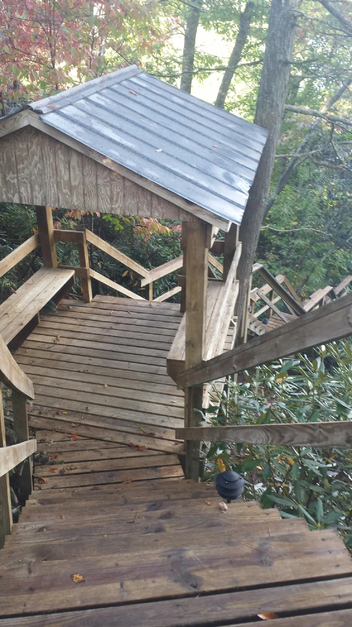 Metal roofed shelter over wooden steps on a wooded walkway — Skylight Repair & Installation work by our crew in Elkview